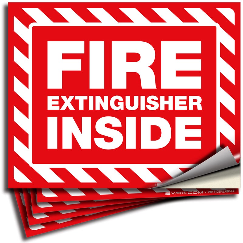 iSYFIX Fire Extinguisher Inside Signs Stickers â€“ 5 Pack 5x4 Inch â€“ Self-Adhesive Vinyl Decals, Laminated for UV, Weather, Scratch, Fade Resistance, for Cars, Trailers, Rv's, Trucks and Vehicles - Image 1